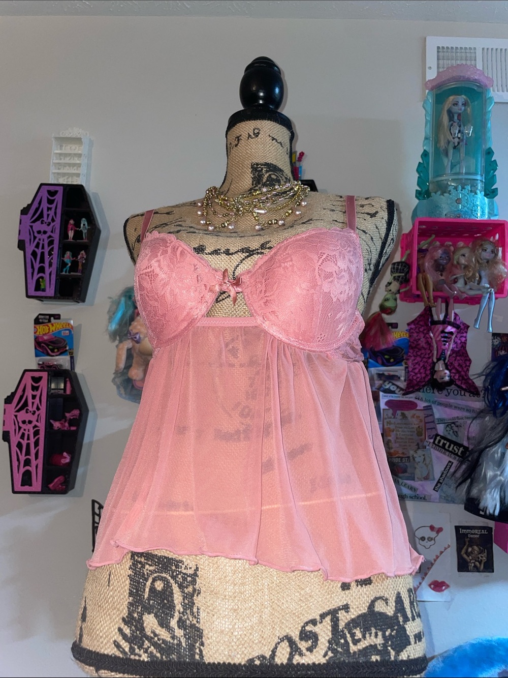 Delicate Pink Lace Babydoll Chemise with Sheer Skirt